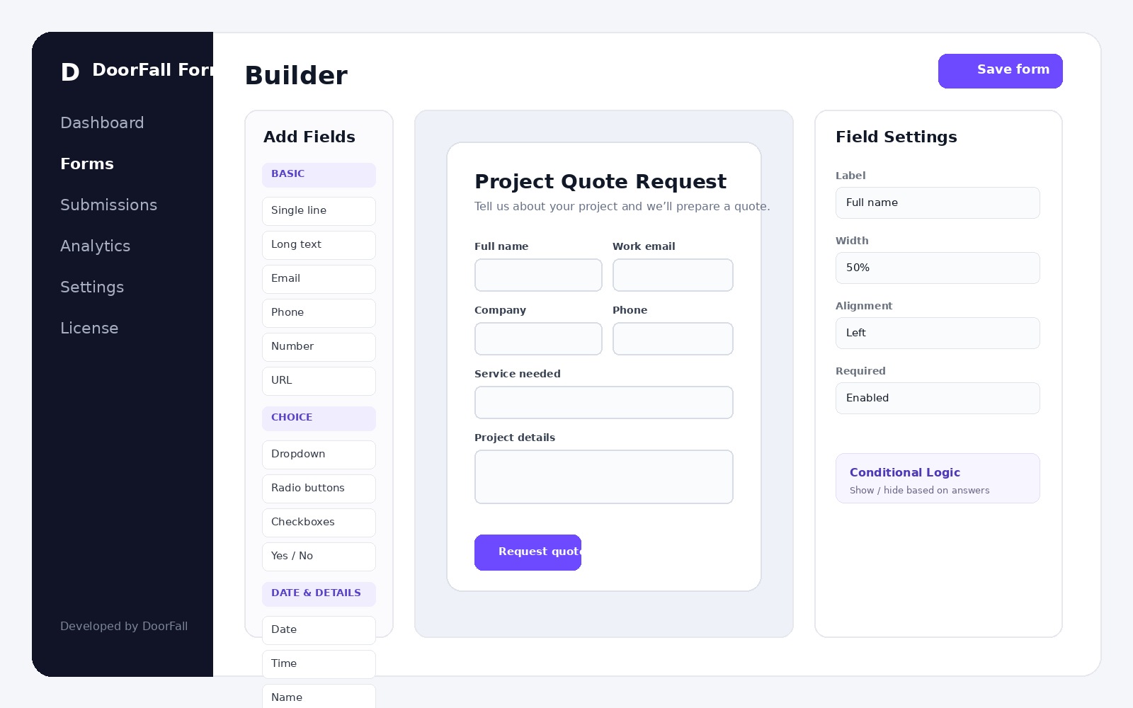 DoorFall Forms drag and drop builder
