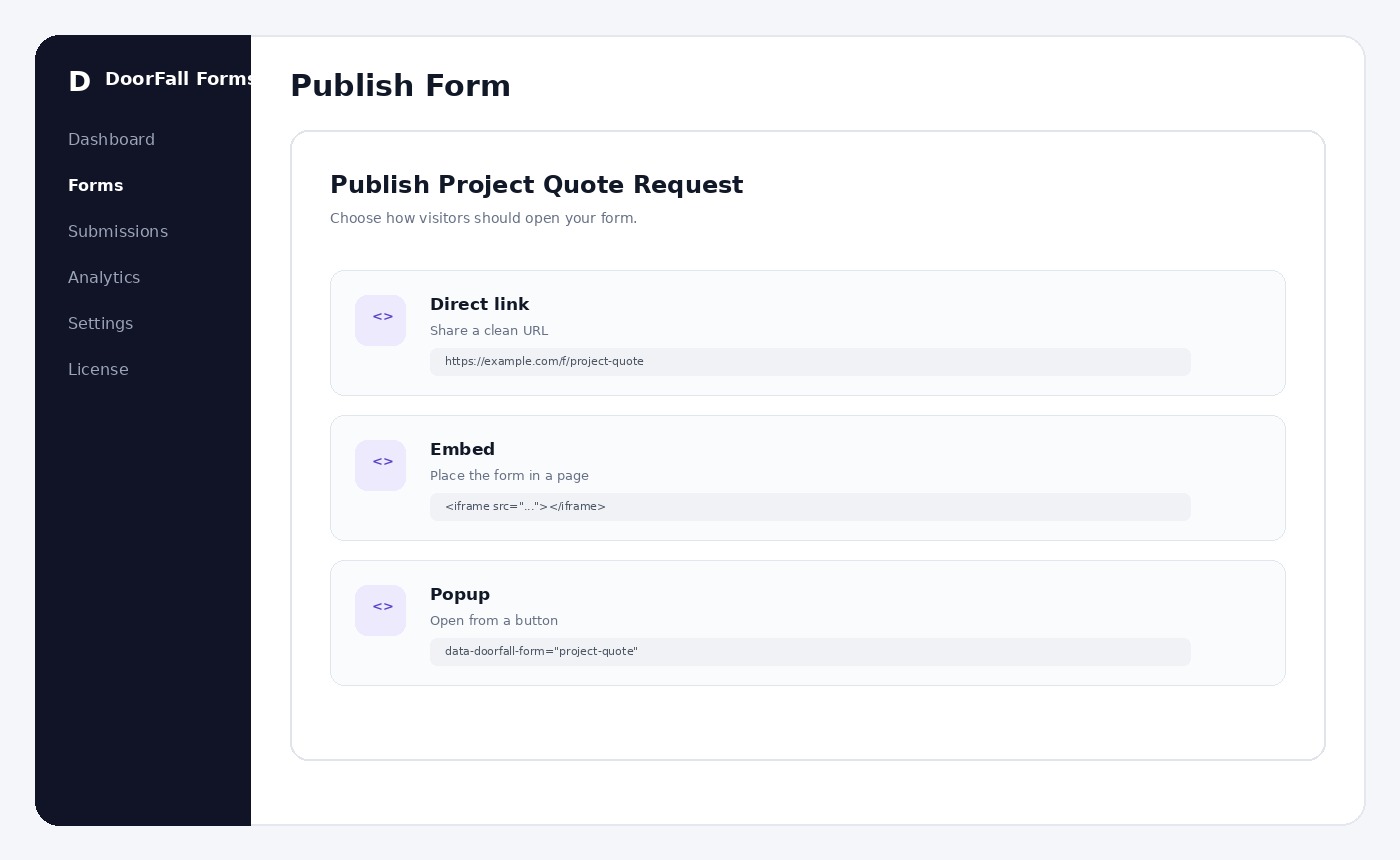 DoorFall Forms publishing and embed options