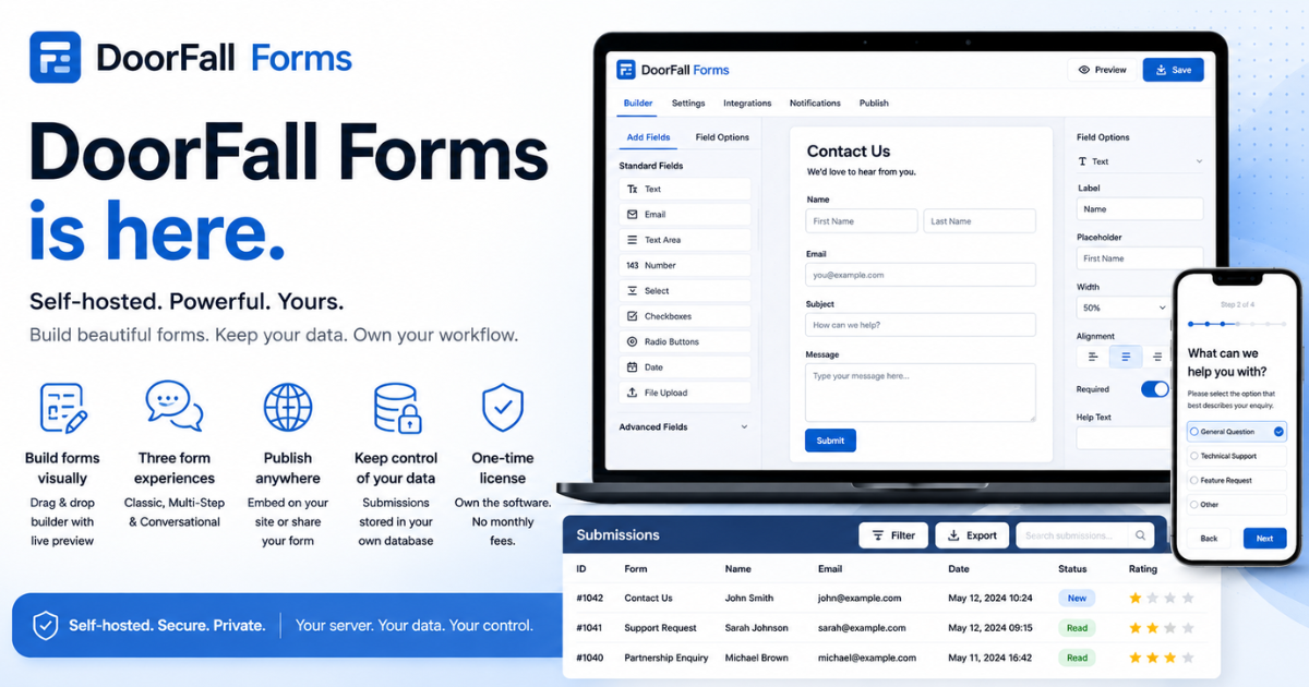 DoorFall Forms self-hosted form builder with visual editor, conversational form and submission management dashboard.